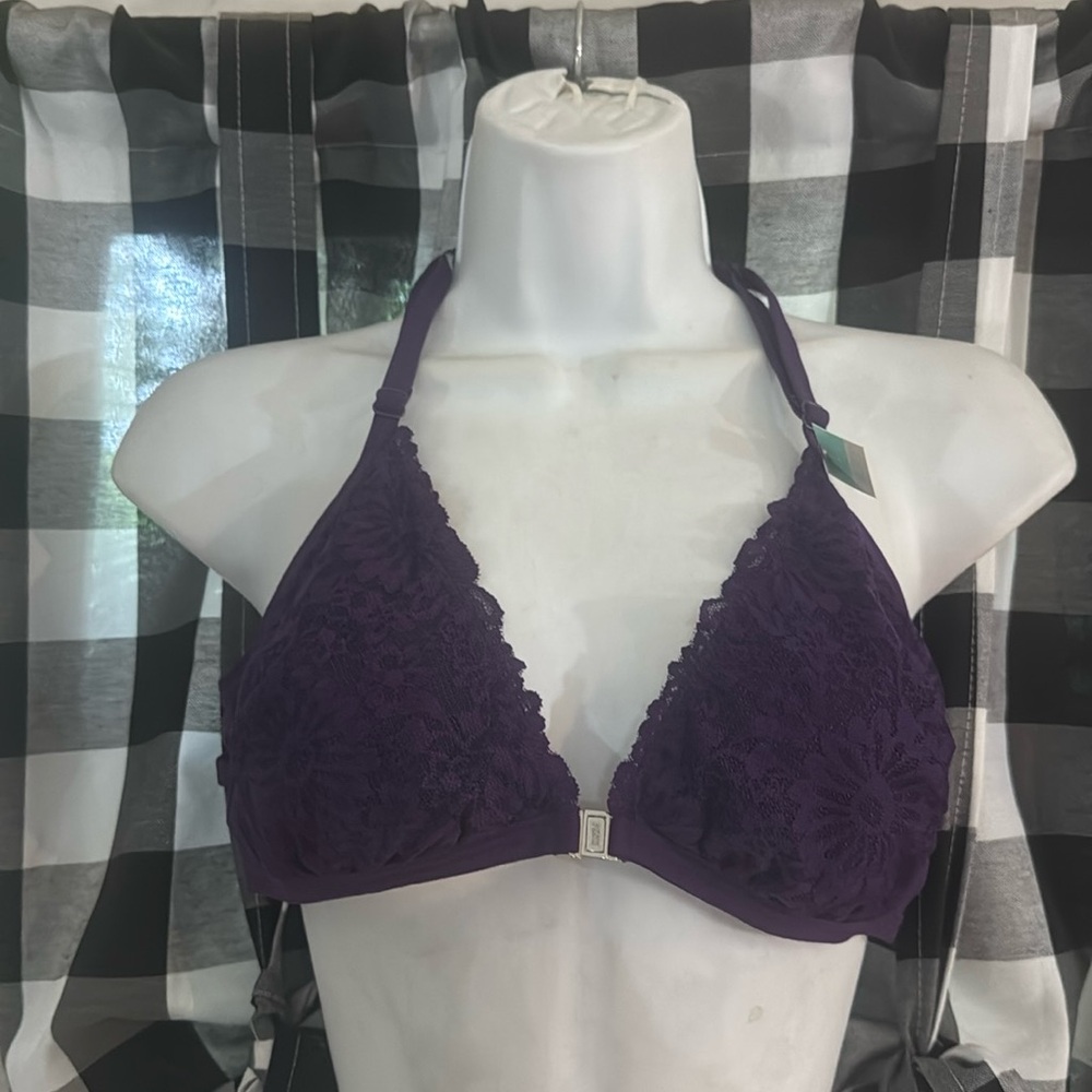 PINK Deep Purple Lace Halter Bralette Front Clasp Size Large NEW